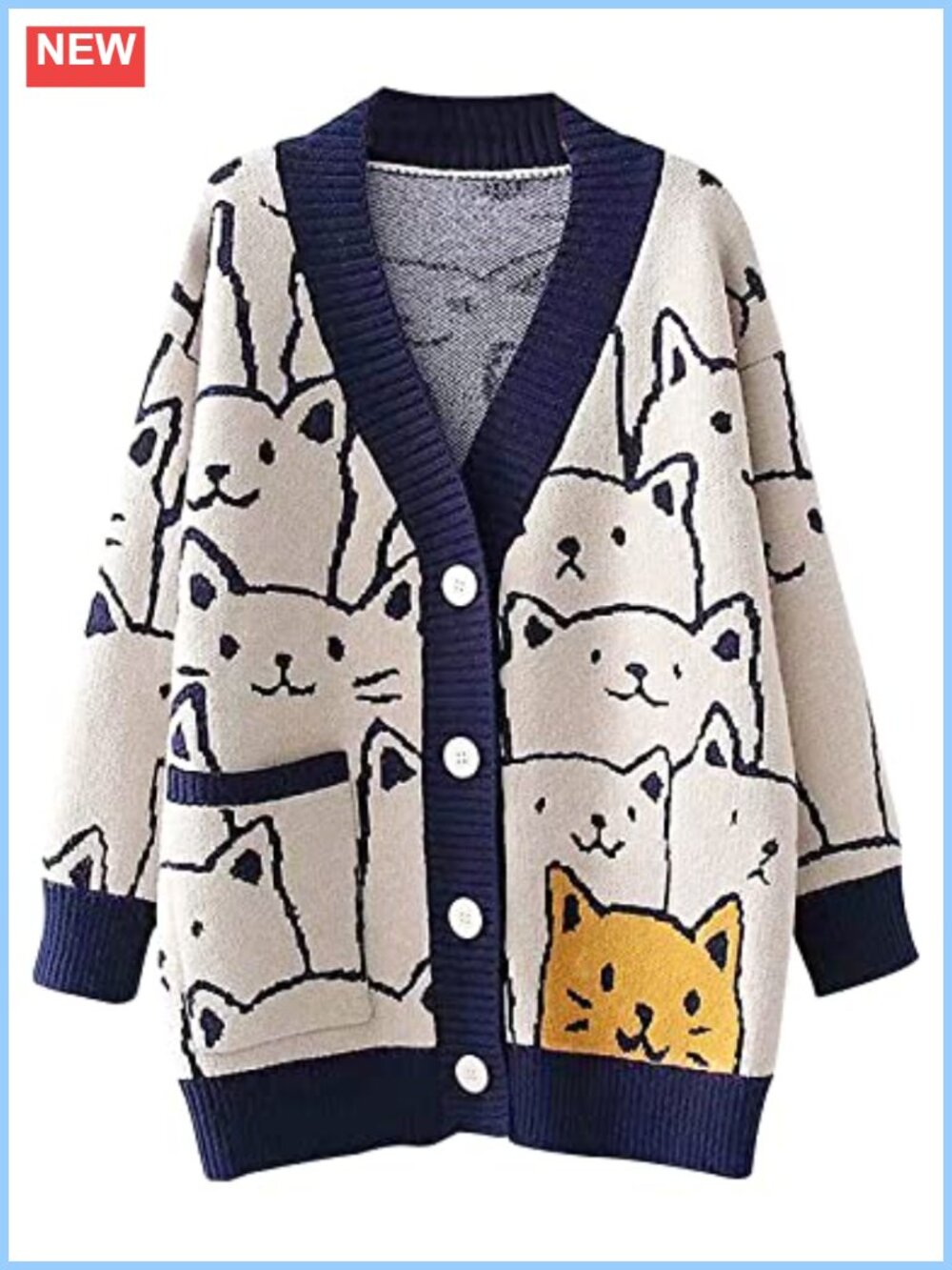 Oversized Cat Print V Neck Button Front Knit Cardigan Sweater